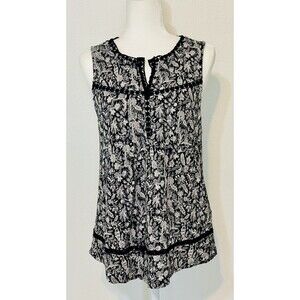 Lucky Brand Women Size M Sleeveless Black Floral Blouse Crochet Detail Boho